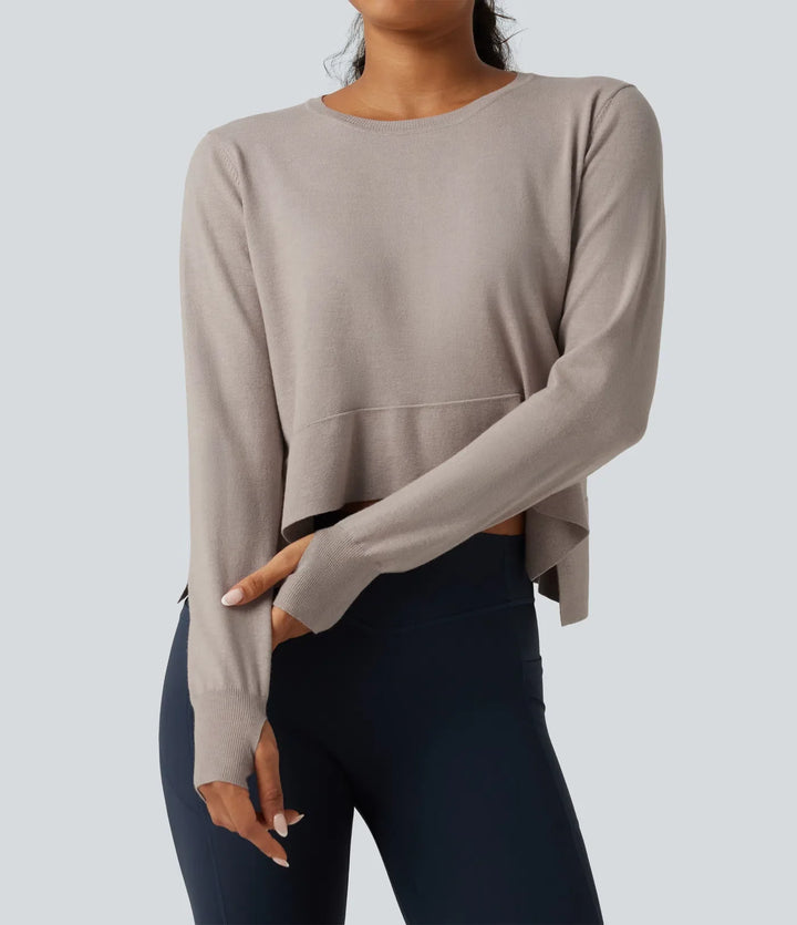 Round Neck Long Sleeve Asymmetric Thumb Holes Casual Sweater
