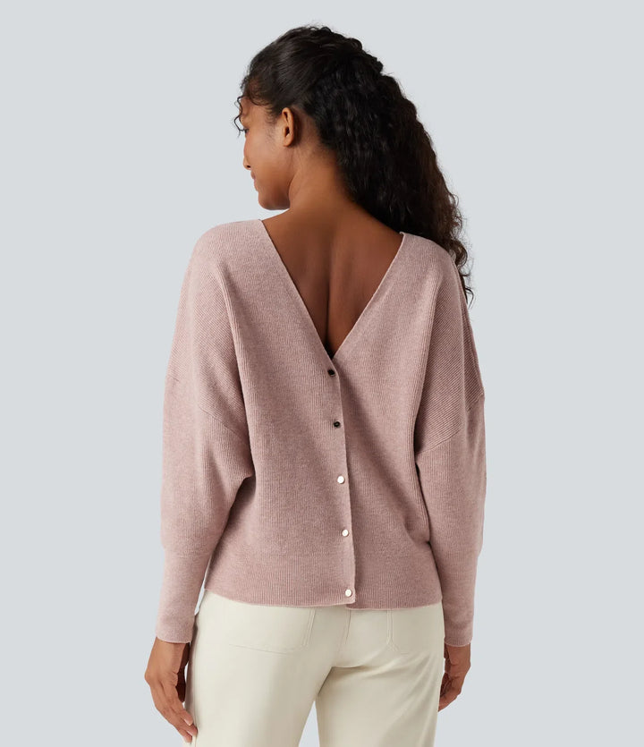 V Neck Long Sleeve Casual Sweater-Front and Back Wearable