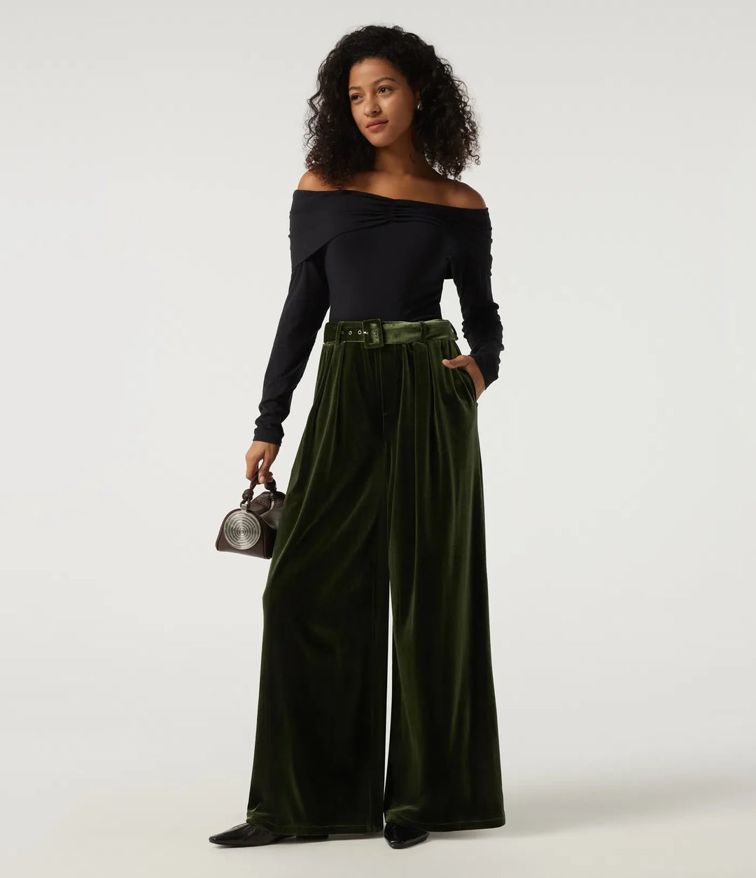 High Waisted Belted Wide Leg Velvet Casual Pants with Pockets