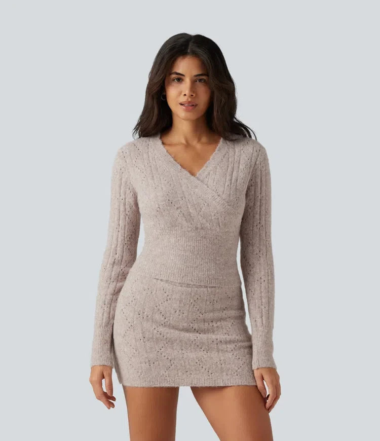 V Neck Long Sleeve Scallop Hem Open Knit Casual Sweater