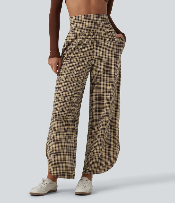 High Waisted Tummy Control Plaid Wide Leg Running Pants with Pockets