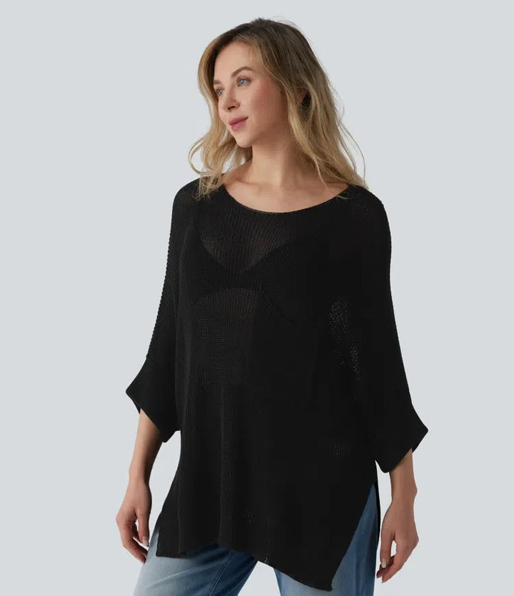 One-shoulder Half Sleeve Split Hem Oversize Casual Sweater with Pocket