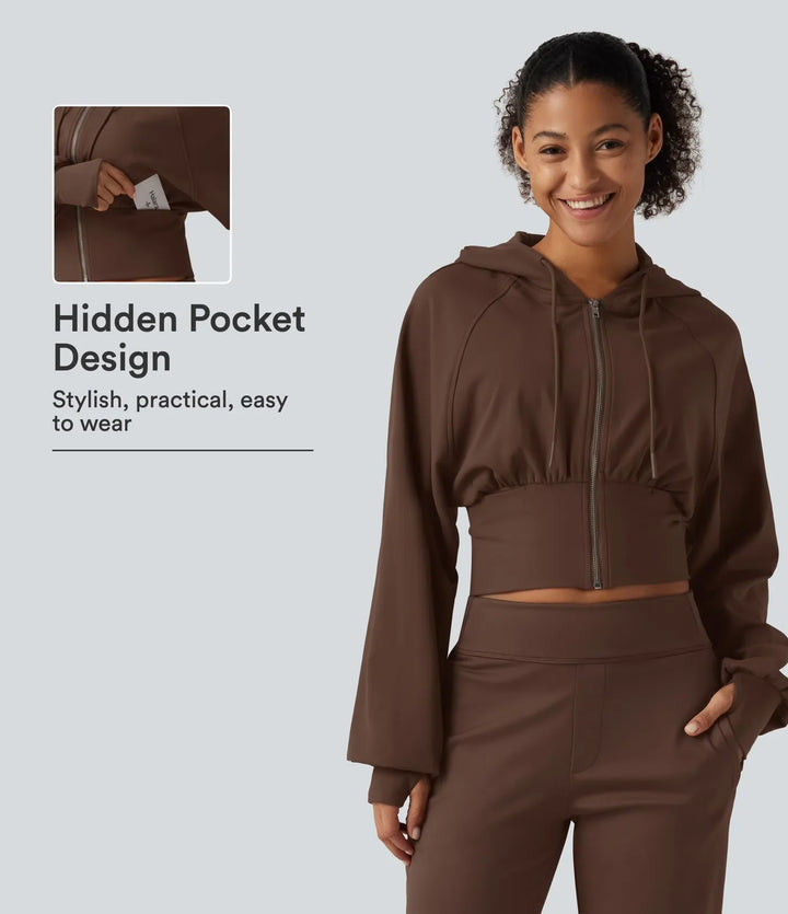Hooded Raglan Sleeve Cropped Yoga Jacket with Hidden Pocket and Thumb Holes