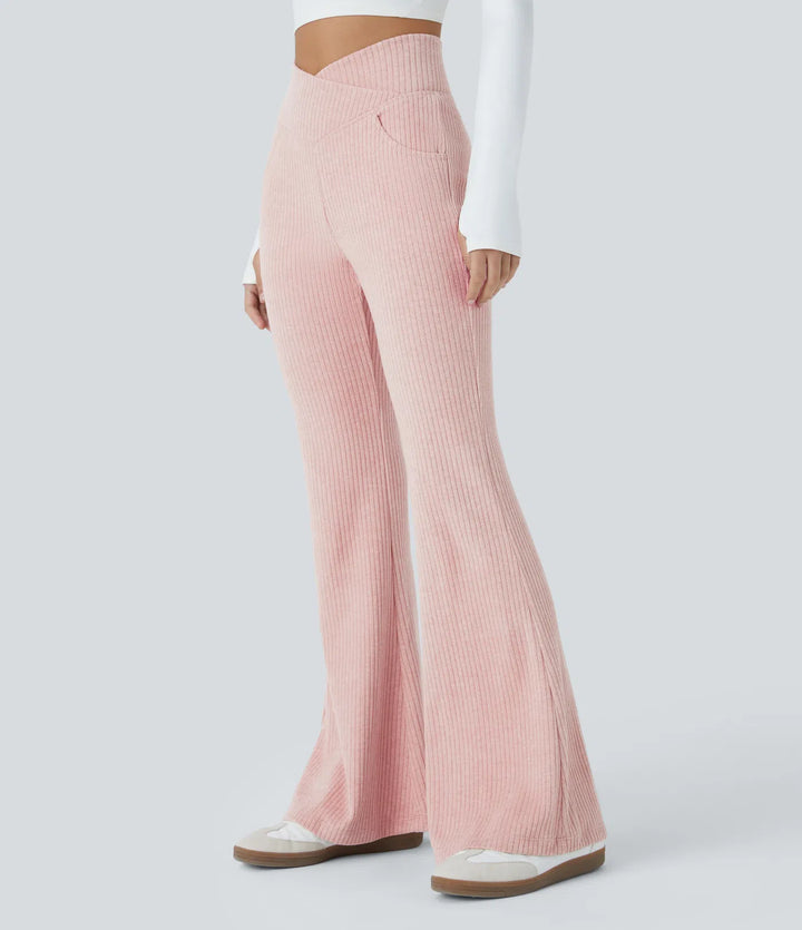 Ribbed Knit Crossover High Waisted Pocket Casual Flare Pants