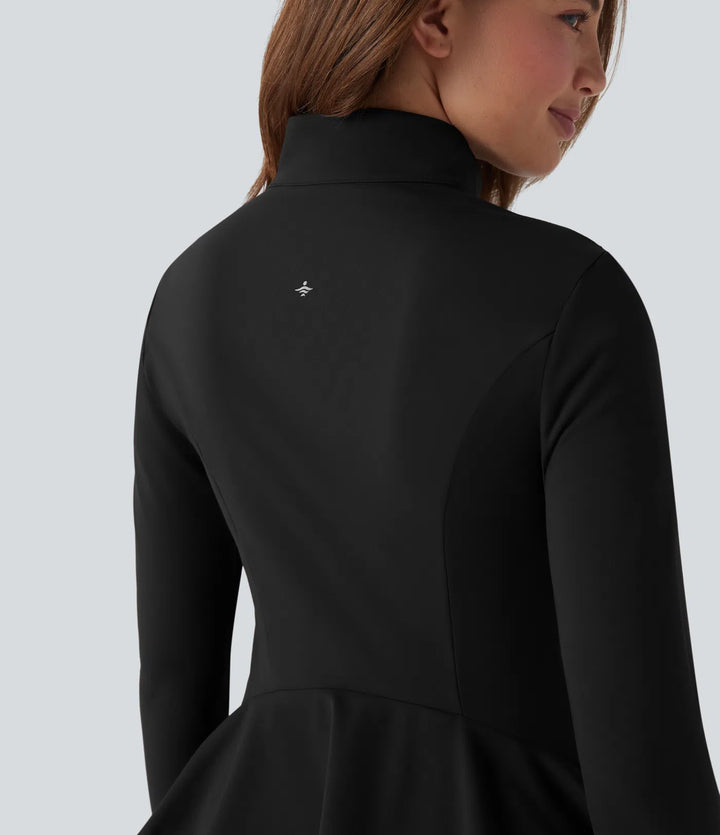 DayStretch Stand Collar Zipper Thumb Hole Ruffle Hem Slim Jacket with Pockets