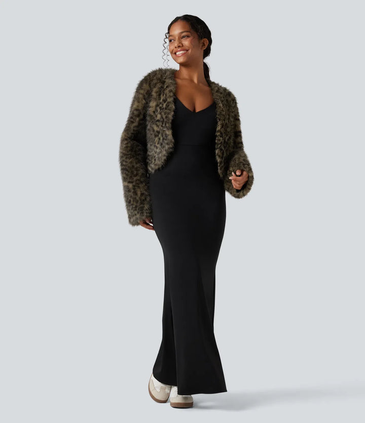 V Neck Long Sleeve Casual Faux Fur Coat