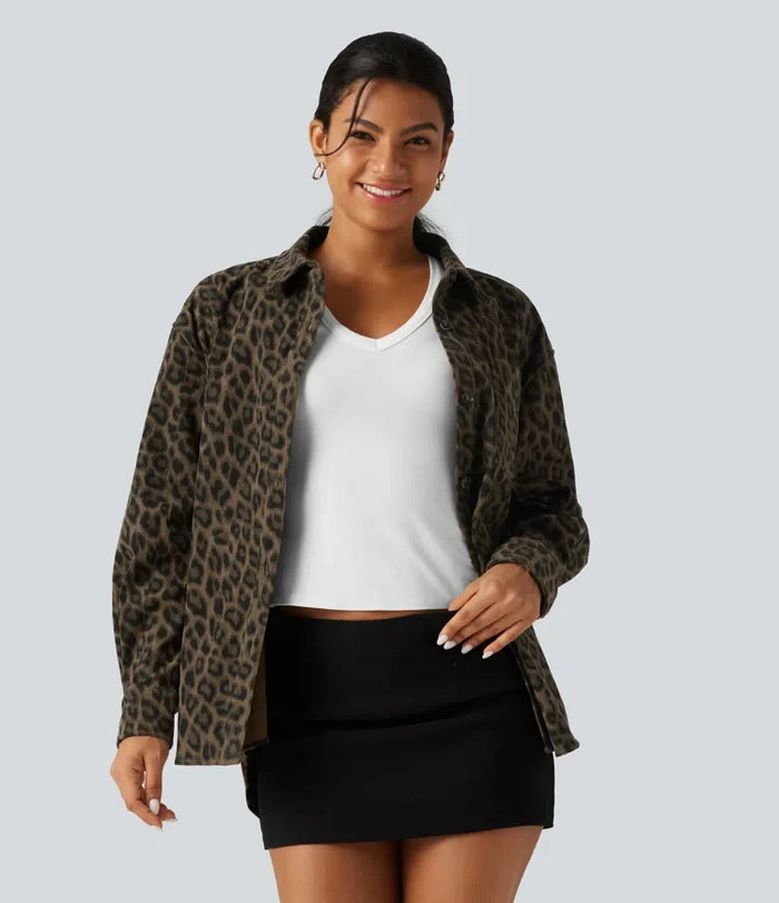 Leopard Print Long Sleeve Corduroy Casual Shirt Jacket with Pocket