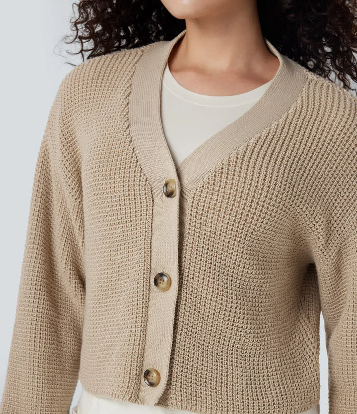 V-neck Long Sleeve Waffle Casual Cardigan