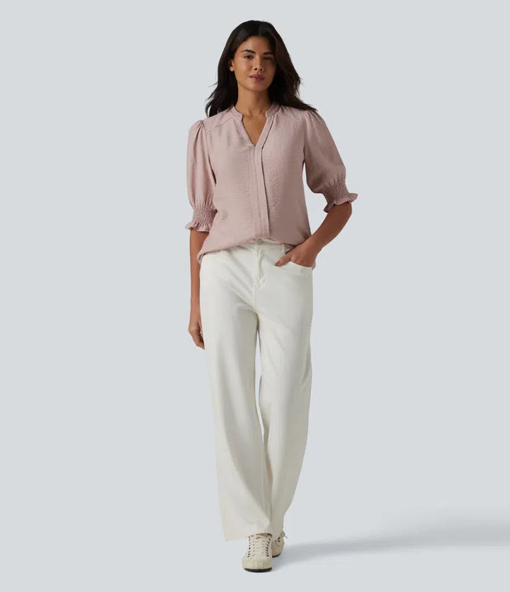V Neck Puff Short Sleeve Casual Blouse