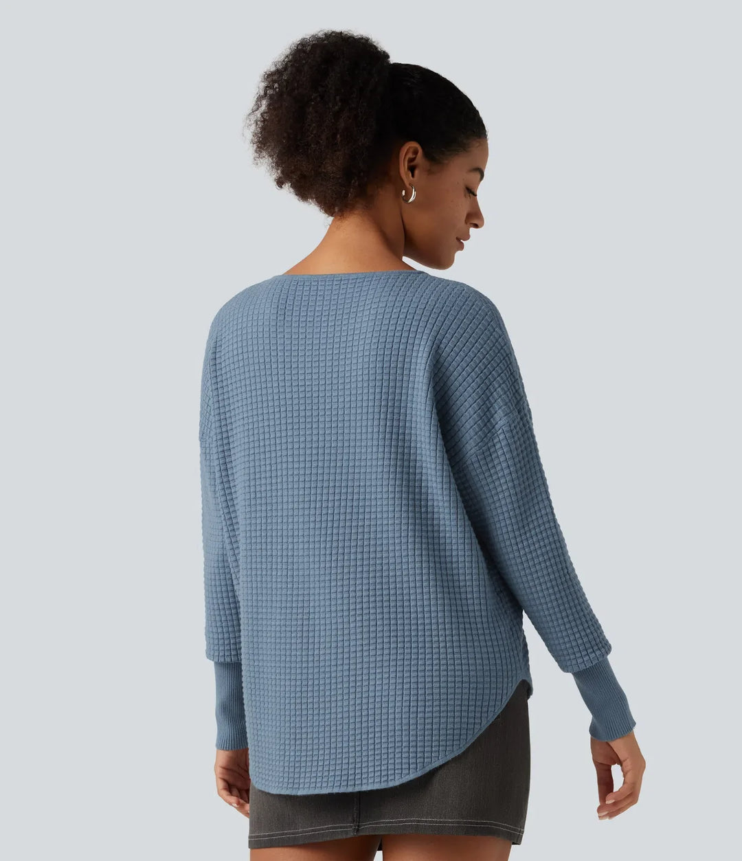 Round Neck Bishop Long Sleeve Curved Hem Casual Sweater