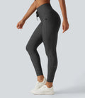 High Waisted Drawstring Stripe Yoga Leggings with Pockets