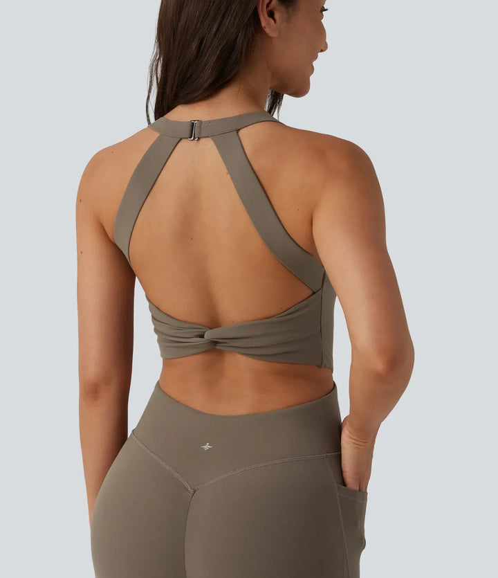 Halara UltraSculpt Twisted Backless Tummy Control Butt Lifting Bootcut Workout Jumpsuit with Pockets-Easy Peezy Edition