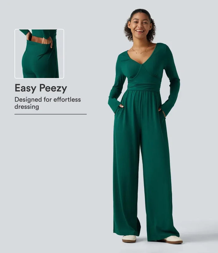 V Neck Long Sleeve Ruched Wide Leg Casual Jumpsuit with Pockets-Easy Peezy Edition