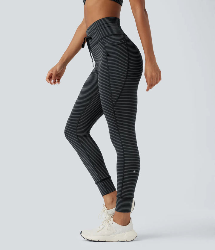 High Waisted Drawstring Striped Yoga Leggings with Pockets