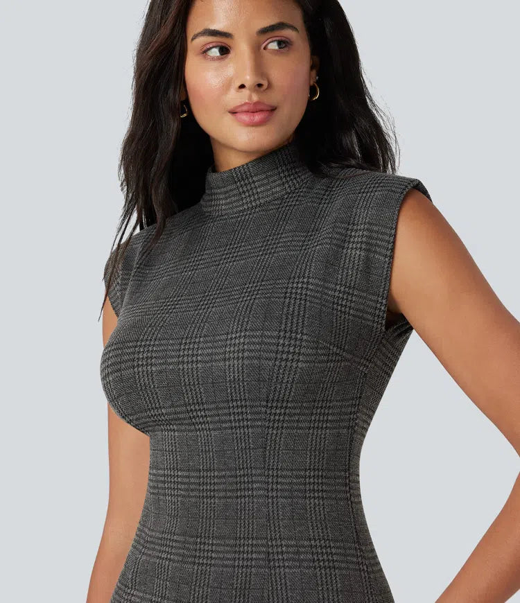 High Neck Sleeveless Bodycon Houndstooth Plaid Midi Work Dress