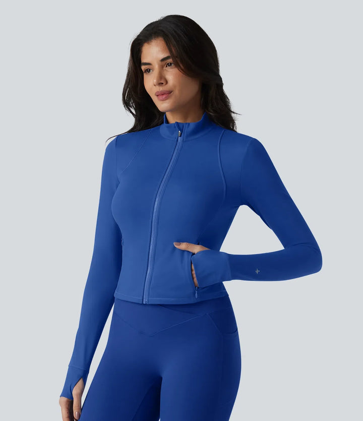 SoftlyZero Plush Stand Collar Long Sleeve Thumb Holes Twisted Back Breathable Mesh Yoga Jacket with Pockets