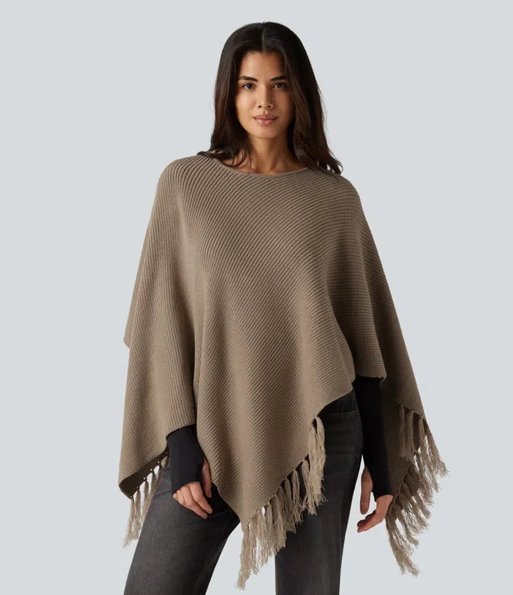 Boat Neck Fringe Poncho Cape Casual Sweater