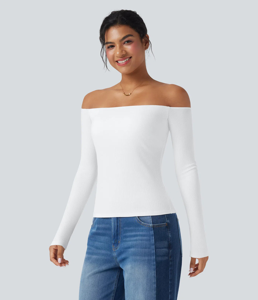 Ribbed Knit Off Shoulder Long Sleeve 2-in-1 Casual Top