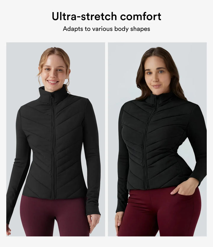 PuffFlex Stand Collar Zipper Long Sleeve Running Quilted Jacket with Pockets