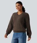 V Neck Dropped Long Sleeve Cable Knit Casual Wool-Blend Sweater