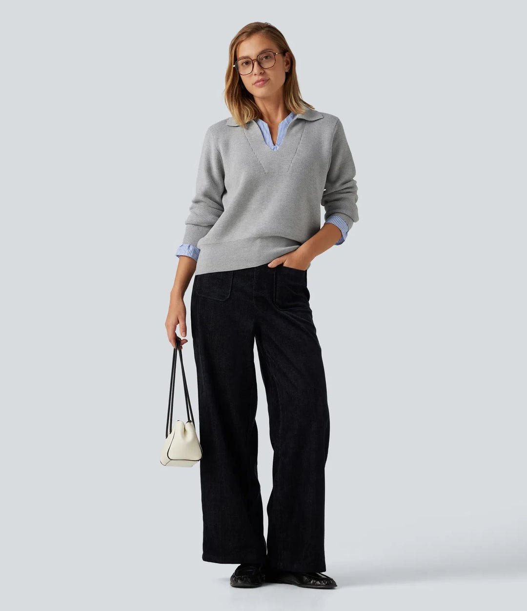 Collared V Neck Long Sleeve 2-in-1 Work Sweater