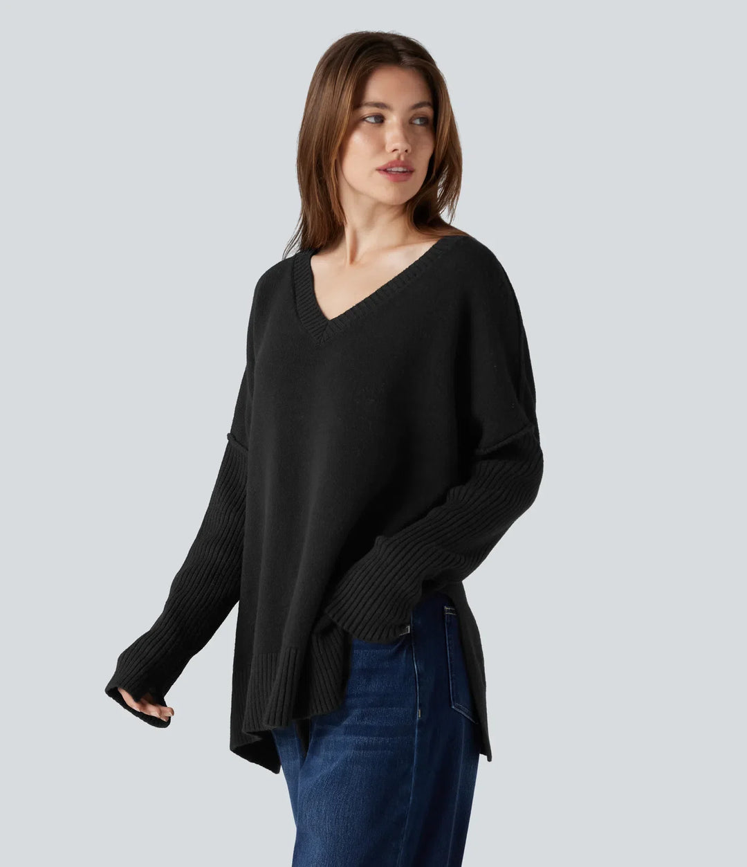 V-neck Reglan Long Sleeve Relaxed Fit Casual Sweater