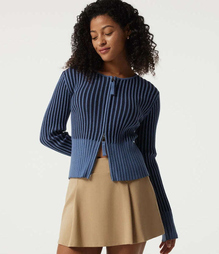 Ribbed Knit Round Neck Long Sleeve Slim Work Cardigan