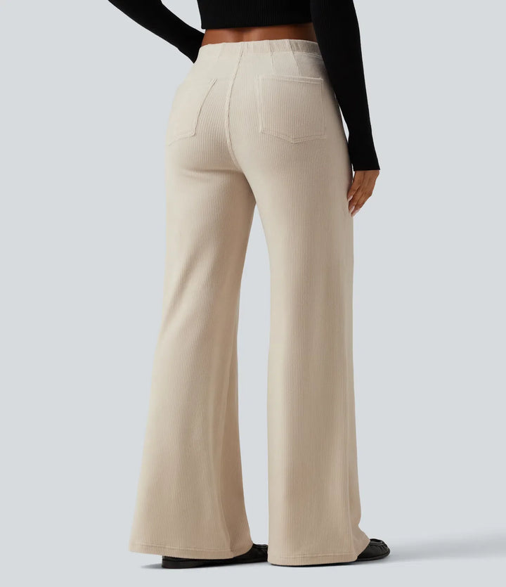 Mid Rise Wide Leg Corduroy Casual Pants with Pockets