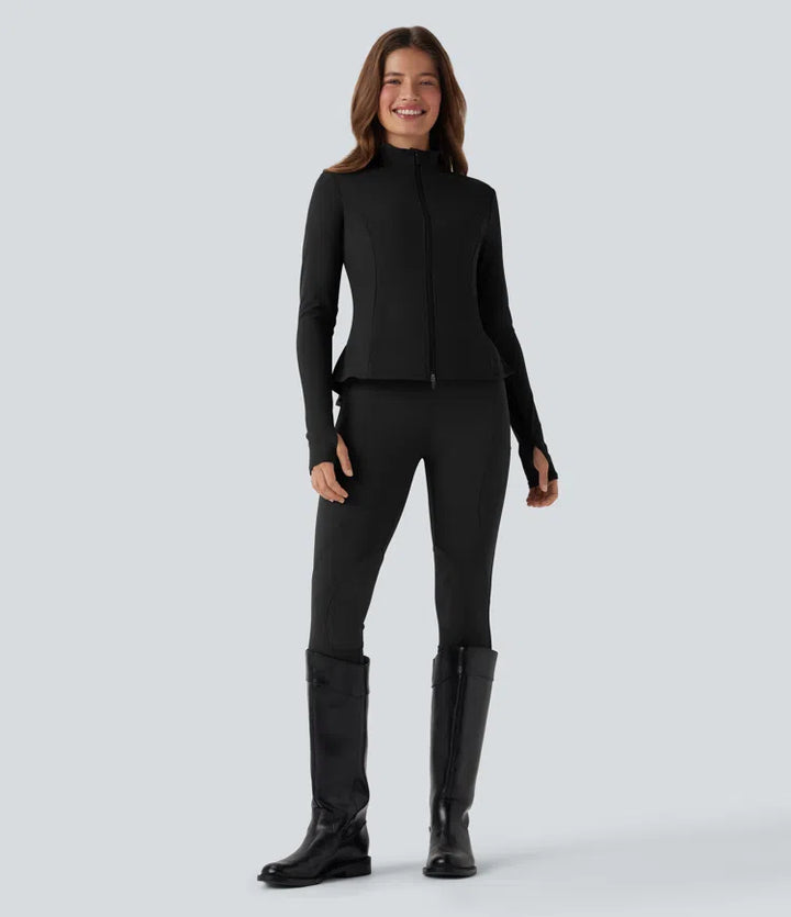 DayStretch Stand Collar Zipper Thumb Hole Ruffle Hem Slim Jacket with Pockets