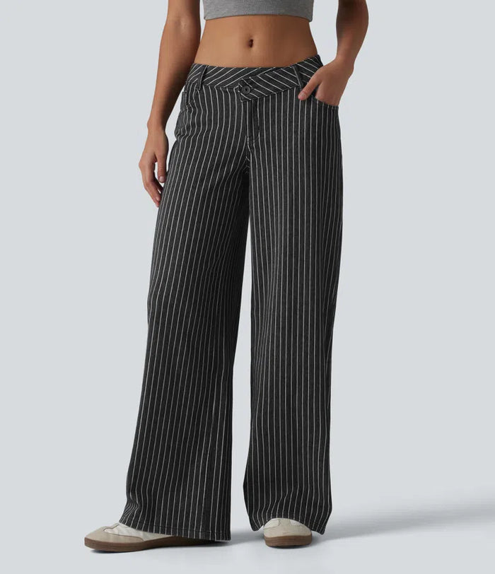 Halara Flex Asymmetric Low Rise Wide Leg Stripe Work Jeans with Pockets