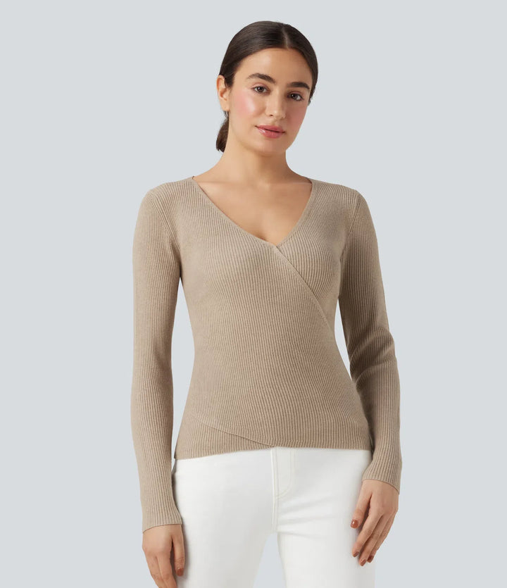 V-neck Long Sleeve Crossover Slim Work Sweater