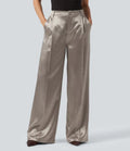 High Waisted Straight Leg Satin Work Pants with Pockets