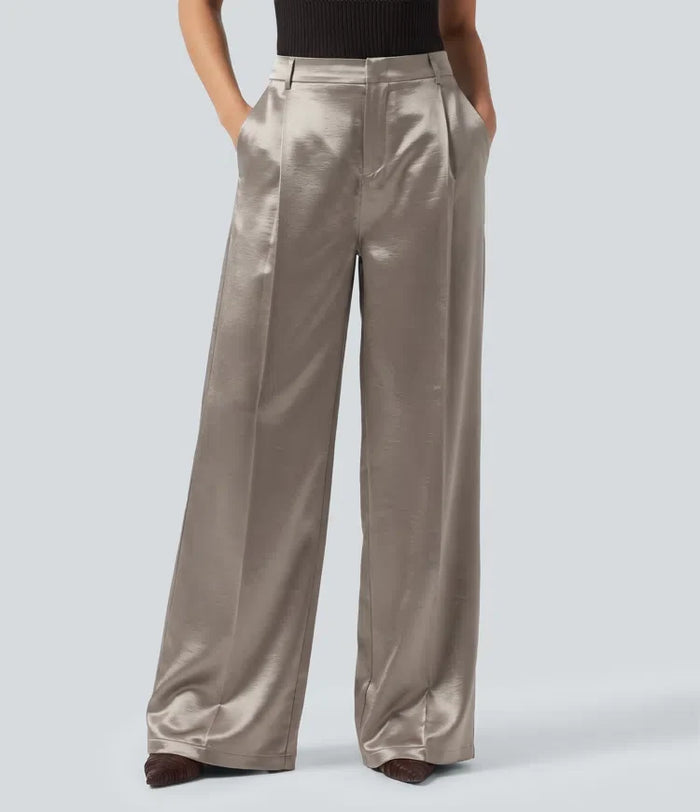 High Waisted Straight Leg Satin Work Pants with Pockets