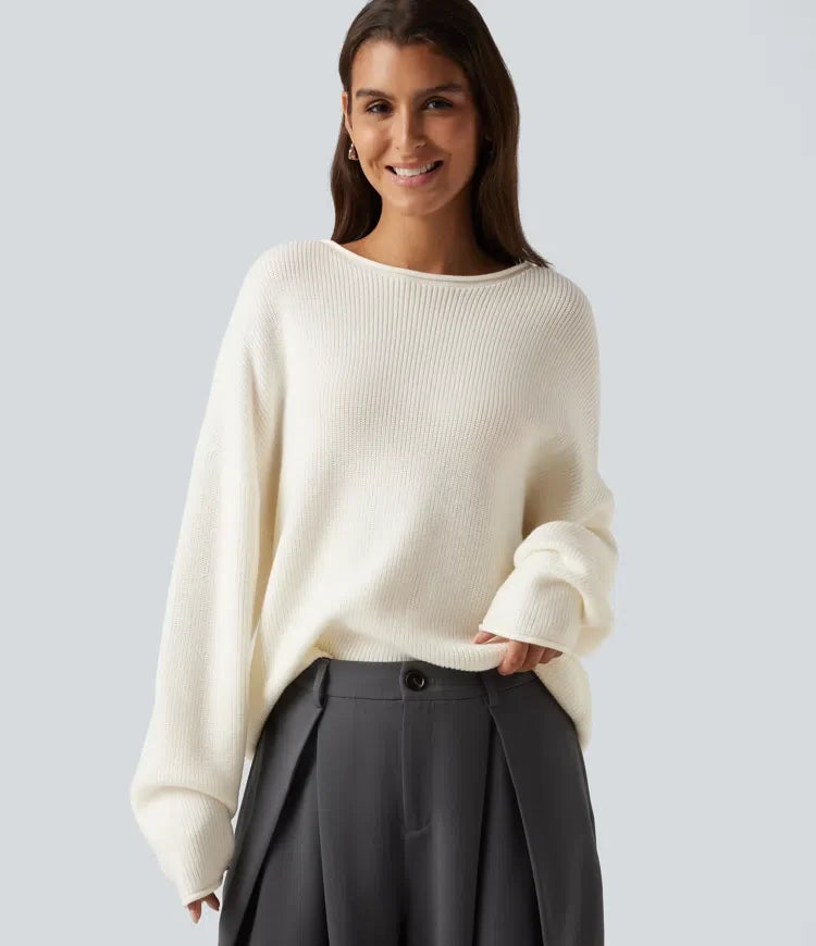 Round Neck Long Sleeve Rolled Hem Work Sweater