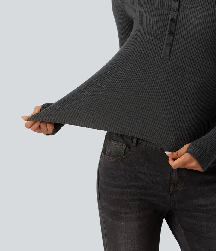 Henley Neck Long Sleeve Thumb Hole Work Wool-Blend Sweater