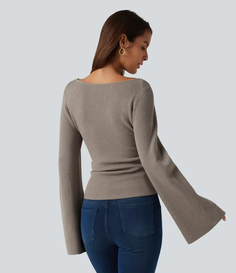 Boat Neck Flounce Long Sleeve Casual Sweater