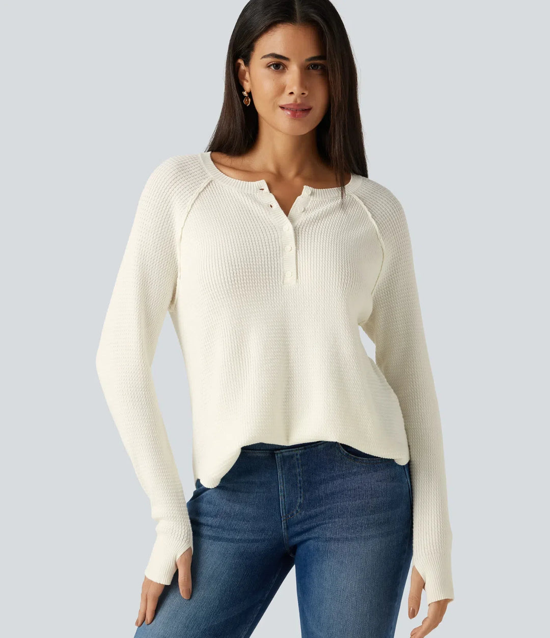 Henley Neck Long Sleeve Thumb Hole Curved Hem Casual Sweater