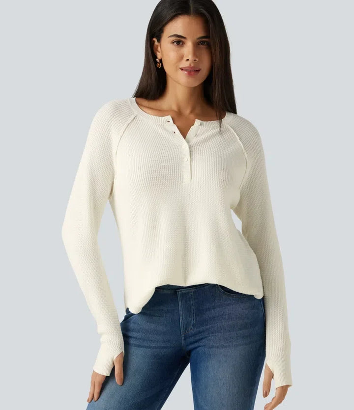 Henley Neck Long Sleeve Thumb Hole Curved Hem Casual Sweater