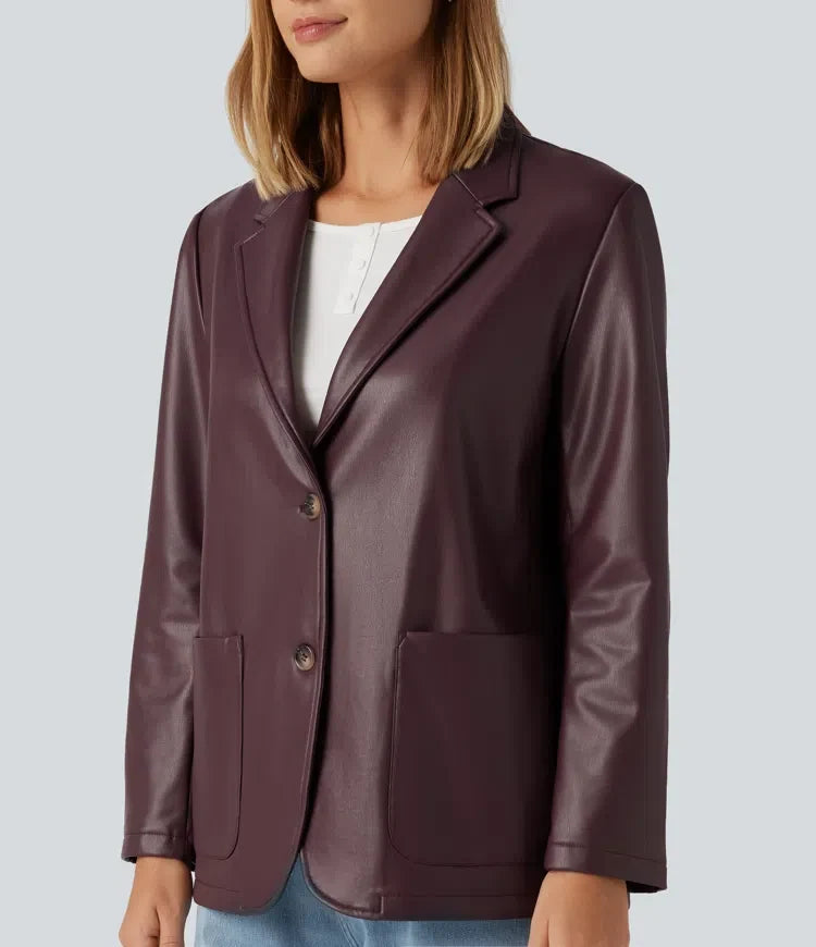 Notched Collar Long Sleeve PU Casual Blazer with Pockets