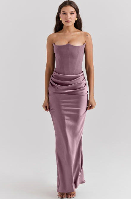 Kinsley | Strapless Satin Corset Maxi Dress with Ruched Waist