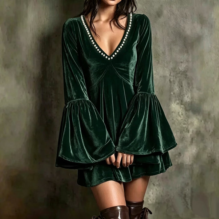 Brooke | Velvet Mini Dress with Beaded V-Neck and Bell Sleeves