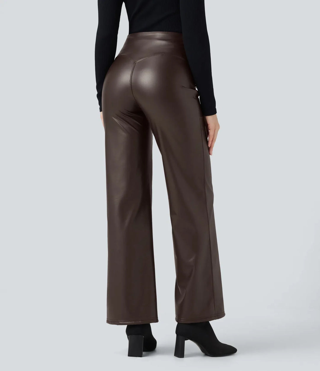 High Waisted Tummy Control Stretchy PU Fleece Casual Flare Pants with Pockets