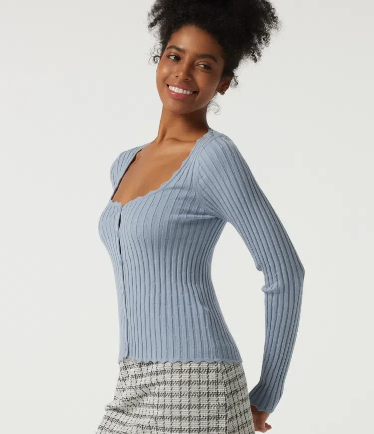 Ribbed Knit Square Neck Long Sleeve Casual Sweater
