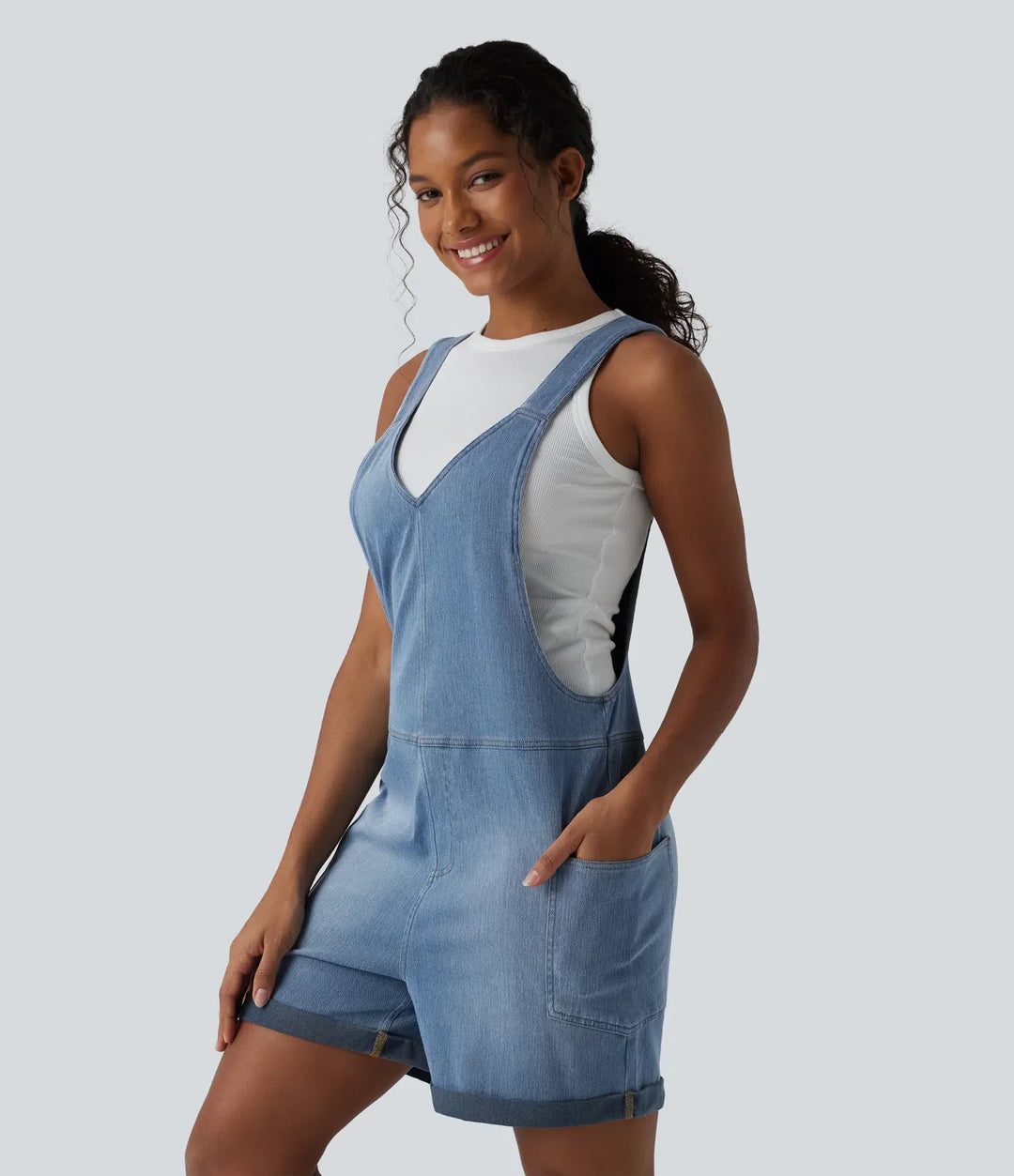 Halara Flex V Neck Rolled Hem Washed Denim Casual Short Overalls with Pockets