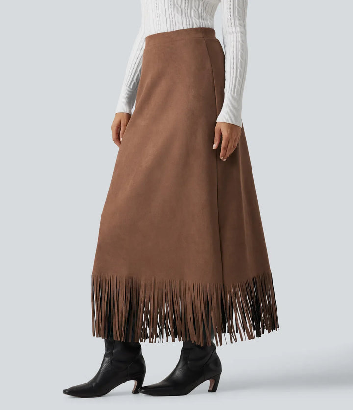 High Waisted Fringe Hem A-Line Suede Causal Midi Skirt
