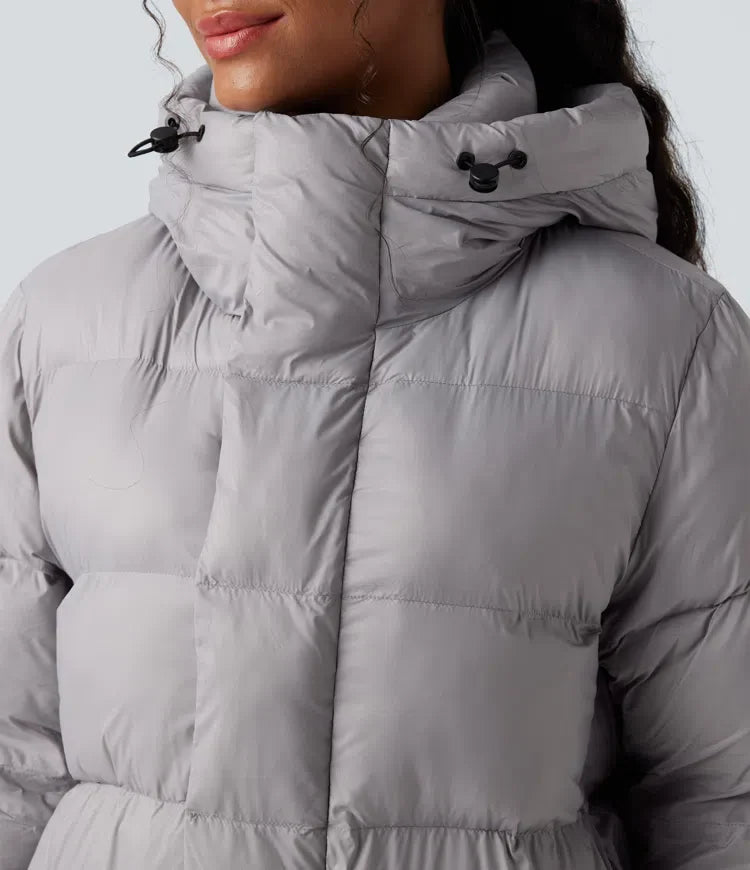 Hooded Long Sleeve Zipper Longline Casual Puffer Jacket with Pockets