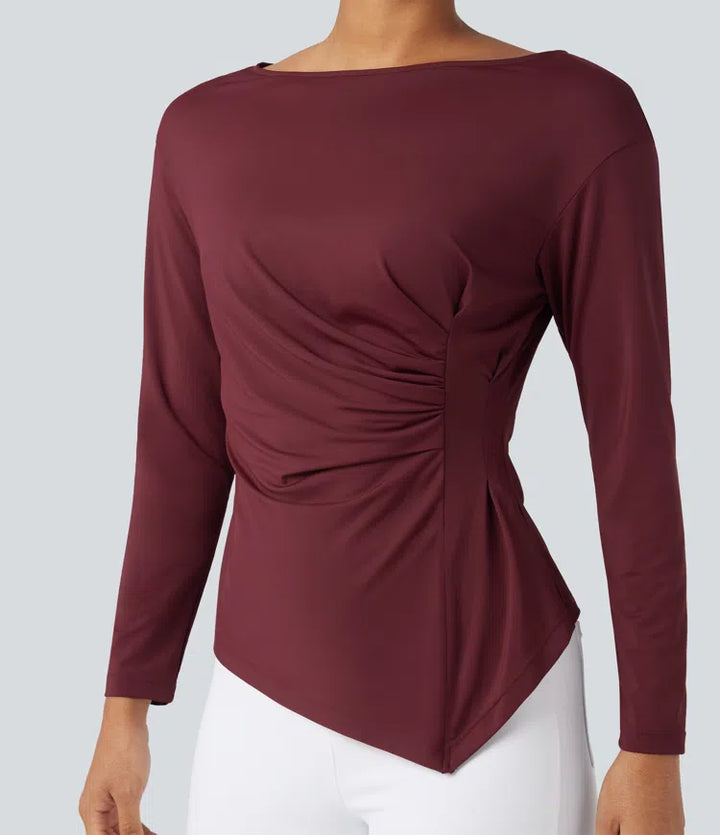Boat Neck Long Sleeve Ruched Asymmetrical Hem Slim Work Blouse