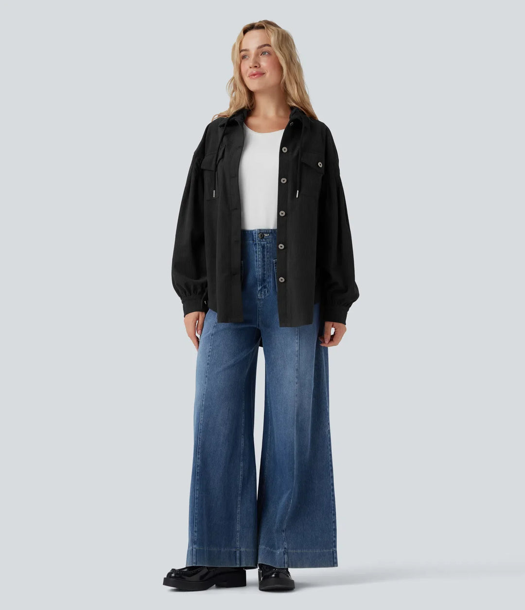 Hooded Drawstring Long Sleeve Corduroy Casual Jacket with Pockets
