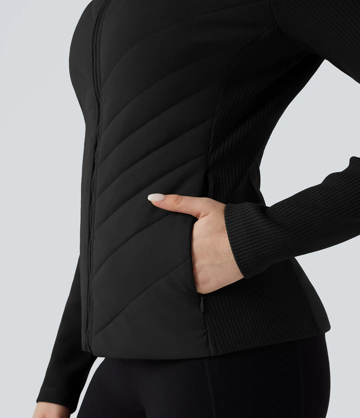 High-neck Contrast Ribbed Slim Casual Quilted Jacket with Pockets