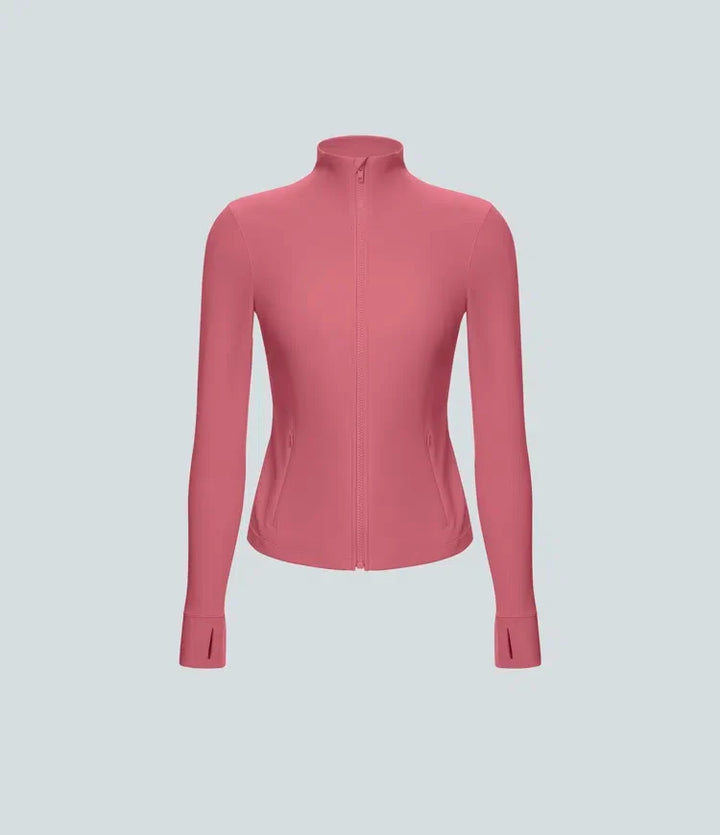 Patitoff Flow Pet Hair Resistant Stand Collar Zipper Pocket Thumb Hole Cropped Casual Jacket